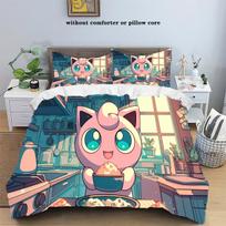 Cartoon Pokemons Anime Bedding Set Kawaii Pikachu Gengar Eevee Charizard Quilt Duvet Cover Pillowcase Kid Bed Set Twin King Size 135x200cm beige