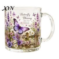Iced Drink Glass Cup Morning Tea Cup, Hummingbird Flower Pattern Tumbler with Gold Rim, Nature Themed Glassware for Coffee Juice Wine Hot Cold Drinks
