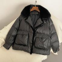 Button white duck down jacket women's short 2025 winter new big fur collar warm mink hair splicing jacket L black