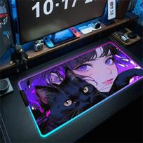 Anime Girl Mousepad Gaming Mouse Pad Gamer RGB Computer Mousepad Keyboard Desk Mat Purple Mause Mats LED Desk Mat With Backlit 30cmx80cm(11.8x31.5inch)