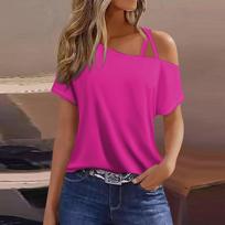 Moterų mados laisvalaikio spauda Sexy Cold Shoulder trumpomis rankovėmis marškinėlių viršus L pink