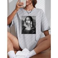 Drop Shoulder Tee with Mona Lisa Print 7XL gray