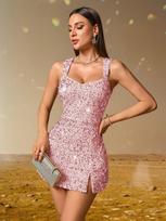 European and American women's clothing sexy fashion flannel sequined dress suspender dress L rožinė
