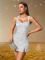European and American women's clothing sexy fashion flannel sequined dress suspender dress M