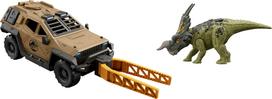 Mattel Jurassic World Truck Einiosaurus Dinosaur Action Figure Toy with Flip Roll Function Mission Mayhem Destruction Vehicle & beige