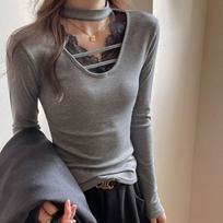 Stylish Lace Patchwork Slim Pullovers Autumn Winter Solid Color Female Clothing V-Neck Casual Long Sleeve Halter Basic T-shirts S gray