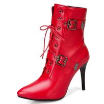 Fashion Ankle Boots For Women Hot 2024 Sexy Women's Ankle Boots Autumn Winter Buckle High Heel Lace Up Short Shoes Large Size 39 raudona