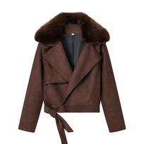 Women's Fashion Casual Suede Jacket with Fur Collar Large black