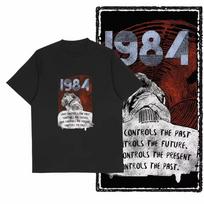 Summer 1984 George Orwell Vintage Distressed Fingerprint Text Graphic Black T-Shirt Unisex Oversized Y2K Streetwear Cotton Tee 130 gray