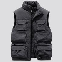 Men's Stand Collar Fleece Lined Utility Vest Zip Up Sleeveless Multi Pocket Padded Jacket 6XL gray