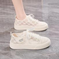 Summer hollow and breathable new mesh shoes women's versatile flat-soled student single shoes women's lace mesh white shoes tide 40 gray