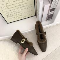 French Low-Heeled Plush Shoes Mary Jane Single Shoes Women'S Shoes Season Warm Cotton Shoes Evening 40 gray