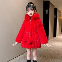 Girls' Woolen Sweater Jacket Quilted Winter Style Imitation Rabbit Fur Children's Warm Winter Coat Korean Style Thick Cotton Coat 120 red