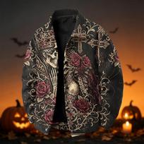Men's Loose Fit Corduroy Jacket with Notched Collar Long Sleeves for Fall Winter Halloween Print L black