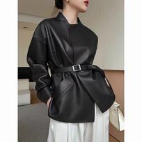 Female Autumn Causal PU Leather Jacket Unique Elegant Waist Belt Outwear XL black