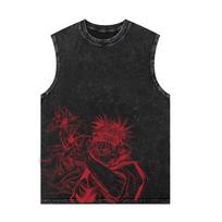 Vintage Cotton Black Summer Washed Vest Anime Print Tank Top Casual Sleeveless T Shirt Unisex Gym Clothing 3XL black