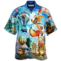 Air Balloon Flying Steampunk World, Tropical Hawaiian Shirt, Casual Button Down XXXXL blue
