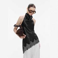 Cross-Border Stylish Halter Neck Satin Top with Irregular Lace Trim, Backless & Sleeveless for Women Large black