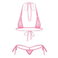 Moterims perregimas tinklinis dirželiais micro bikini komplektas trikampis maudymosi kostiumas maudymosi kostiumas paplūdimio baseino deginimosi One Size pink
