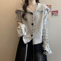 Women's Large Lapel Short Cardigan Jacket - 2026 Autumn/Winter Knit Drawstring Long-Sleeve Button-Up Sweater One Size gray