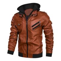 Men's Jacket Leather Coat Pu Removable Hood 3XL black