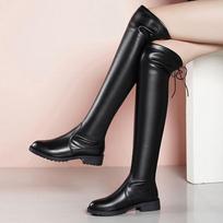 Black Round Toe Fleece-Lined Leather Women's Thigh High Boots New in Autumn Winter Middle Heel Ladies Above Over The Knee Shoes 40