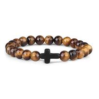 Natural Stone Beaded Bracelet For Men Women Cross Charm 8MM Beads Chain Elastic Bangle Prayer Jewelry Accessories black