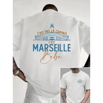European sizes Marseille, France Marseille Front and Back Double-Sided Print New Men's Crew Neck T-Shirt Casual Sporty Trendy Fashion Top M white