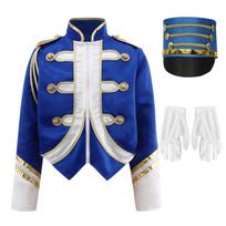 Kids Boys Trumpet Honor Guard Team Uniform Long Sleeve Zip Up Contrast Trim Jacket with Hat and Gloves for Marching Band Ceremony Performance 7-8 Years blue