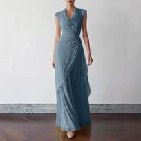 Women Sleeveless Waist Wrapped Asymmetrical Cross Chiffon Maxi Dress Elegant Long Gown for Formal Events M