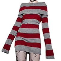 Autumn Dress Stripe Pattern Off-shoulder Long Sleeves Slim-fitting Windproof Keep Warm Polyester Autumn Temperament Slim Knitted Body-con Dress M