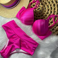 Push Up Bikini Set 2026 Sexy Women Swimsuit Shiny Swimwear High Waisted Bikini Brazilian Biquini Swimming Suit Solid Beachwear S pink