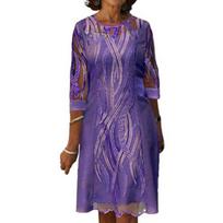 Women Slim Fit Lace Dress Fake Two Piece Solid Color O Neck Half Sleeve 5XL blue