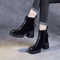 Chelsea fleece matte leather thin boots autumn and winter new fashion boots thick heel high heel short boots 40 black