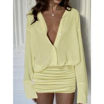 Spring Summer New Women's Solid Color Lapel Slim Fit Bodycon Chiffon Shirt Dress Mini Skirt Dress XXL beige