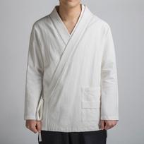 Kinų stiliaus Tang kostiumas Hanfu vyriškas lininis ilgomis rankovėmis įstrižas užsegimas viršutinė dalis Retro medvilninė ir lininė striukė Zen pasauliečio chalatas M balta