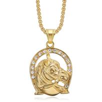Punk Horse Head Pendants Male Gold Color Stainless Steel Horseshoe Necklace for Men Hip Hop Iced Out Bling Jewelry GIft 60cm beige