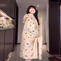 Women's Winter Hooded Coral Fleece Polka Dot Pajamas - Plus Size Nightgown Large beige