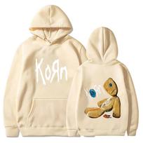 „Korn Rock Band“ gobtuvai pavasario rudens megztiniai Vyriški madingi megztiniai su spaudiniais su gobtuvu Laisvi kasdieniai gatvės aprangos megztiniai S beige