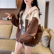 Women's Patchwork Hoodie Jacket Teddy Bear Decor Sweatshirts Casual Zip-Up Coat Hoodies L black