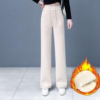 Women's Narrow Wide-leg Pants Autumn and Winter Fleece-lined Drape Slimming Straight Casual Long Pants Corduroy Ribbed Pants 3XL white