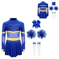 Merginos šokėjos kostiumas 4 dalių rinkinys Ilgomis rankovėmis kalnų krištolo šokių kombinezonas su pomponais, plaukų gumytėmis, iki kelių kojinėmis pasirodymams 11-12 Years blue