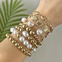 7 Pcs Stackable Beach Bracelet Set for Women Faux Pearl CCB Layered Shell Boho Summer Vacation Ocean Jewelry brown
