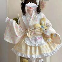 Moterims saldi geltona su braškių katės raštu kimono stiliaus Lolita suknelė S gray