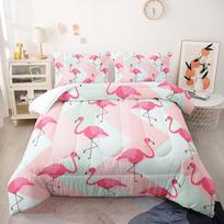 Cartoon Flamingo Duvet Cover Set, Tropical Leaves Comforter Cover Palm Tree Pattern Bedding Set, Colorful Polyester Quilt Cover 100x135cm 2pcs&Duvet Cover white