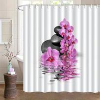 1 vnt. Elegantiška vonios dušo užuolaida - Orchidėjų gėlių ir akmenukų akcento dizainas su rožinėmis orchidėjomis, juodais akmenukais ant balto fono W90H180(CM)-1 Pcs