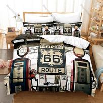 Retro Route 66 Bedding Set, Duvet Cover + 2 Pillowcases, Vintage USA Road Sign Graphic Bed Linens for Dorm & Travel Lovers EU Single 135*200cm/53x79in 3pcs