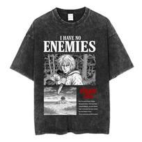 Anime Vinland Saga Vintage Washed T Shirt Manga Thorfinn Karlsefni Graphic T-shirt Mens Women Clothing Cotton Oversized T-shirts S black