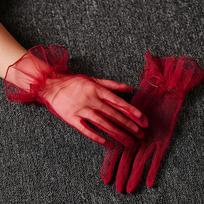 Ultra Thin Women Tulle Gloves Transparent Wedding Mesh Gloves Wrist Gauze Lace Gloves  Ladies red