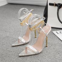 Fashion Pointed open-toe sandals gold stilettos sexy chain strap Roman summer sandals high heels 42